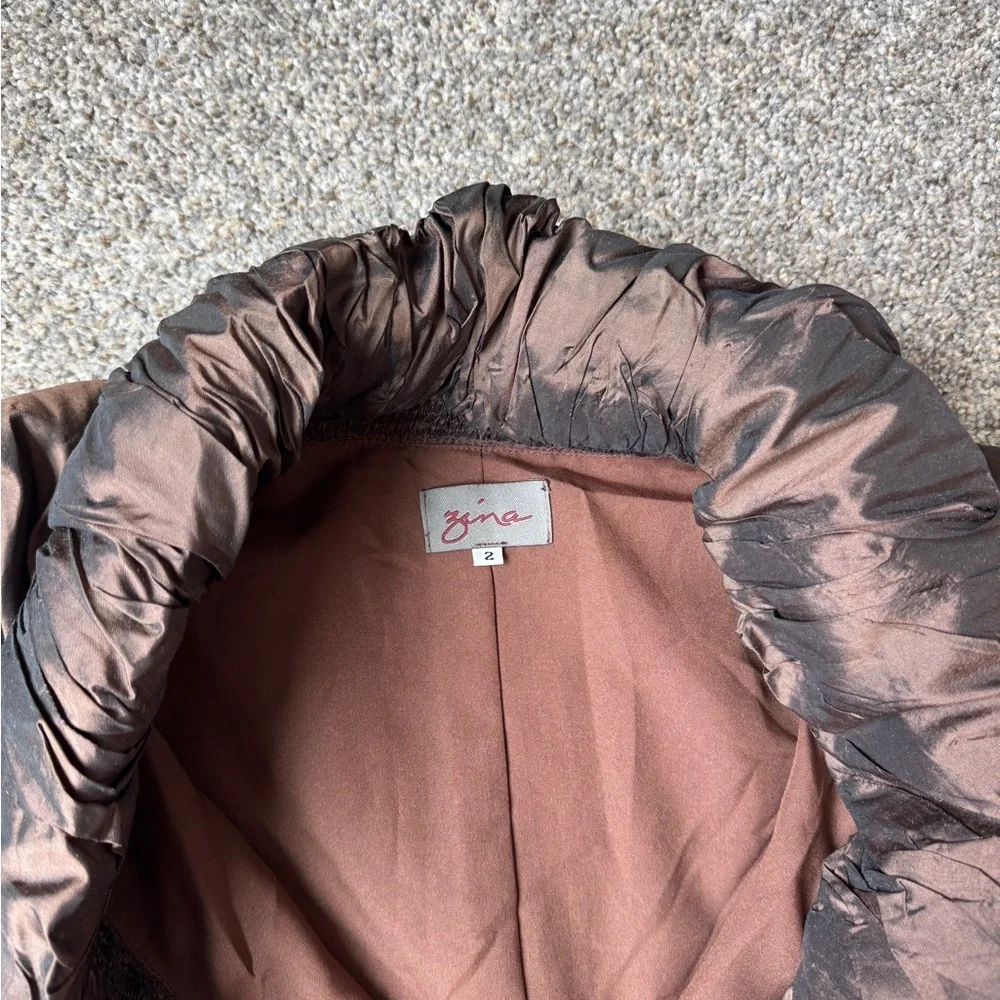 Zina Eva 100% Silk Vintage Brown Ruffle-Trim Jacket